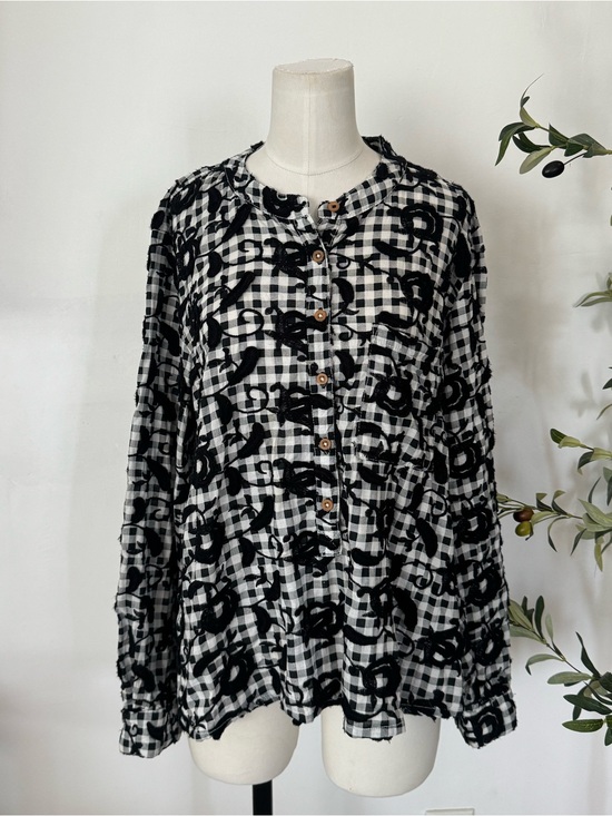 Pilcro Tops - Anthropologie Pilcro Embroidered Gingham Peplum Blouse M Black White Cotton Top
